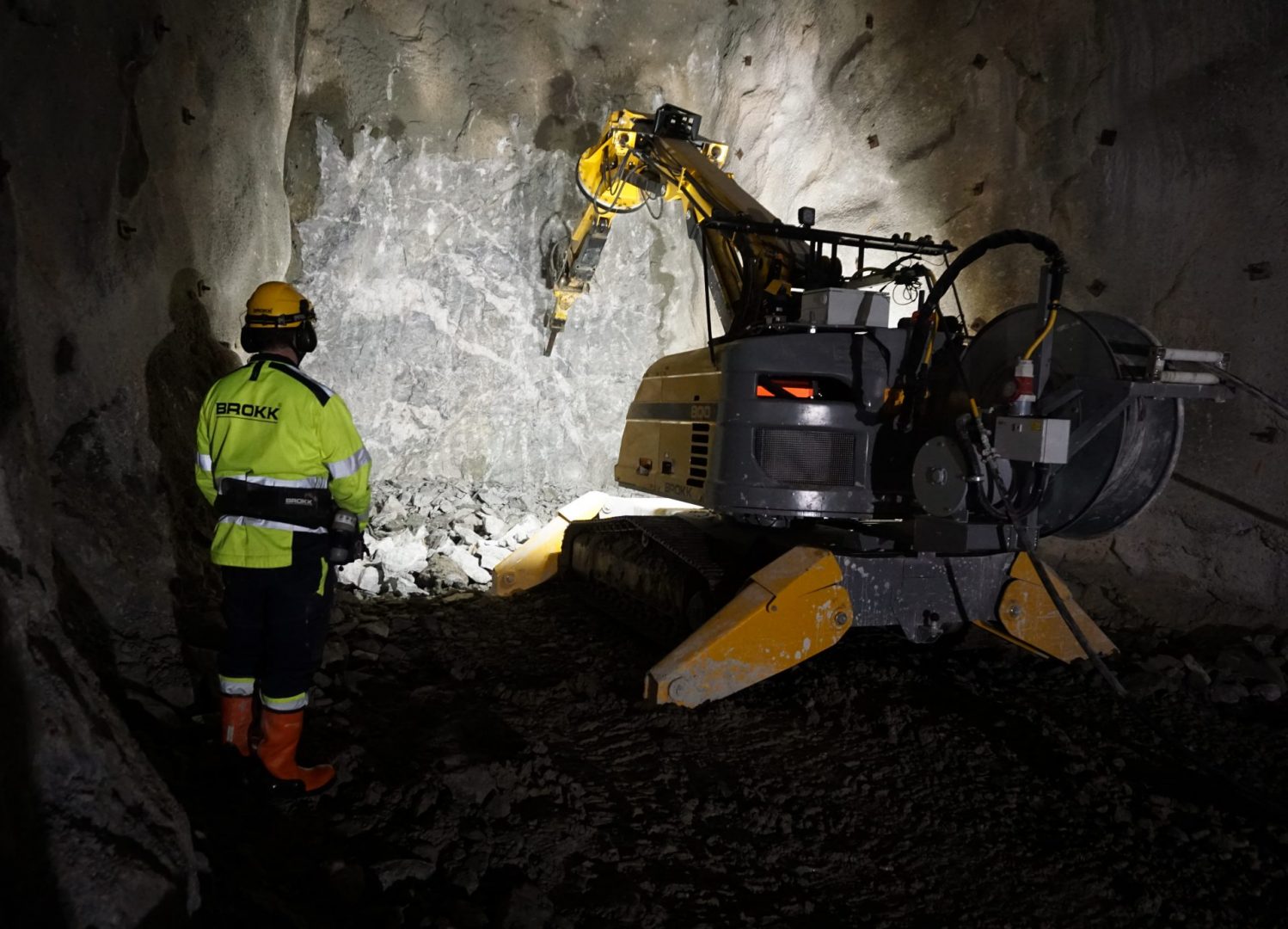 One of Brokk's remote-controlled demolition robot mining underground.