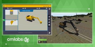 Screenshots of the the Trimble Earthworks grade control system that has been integrated into CM Labs training simulations for excavators