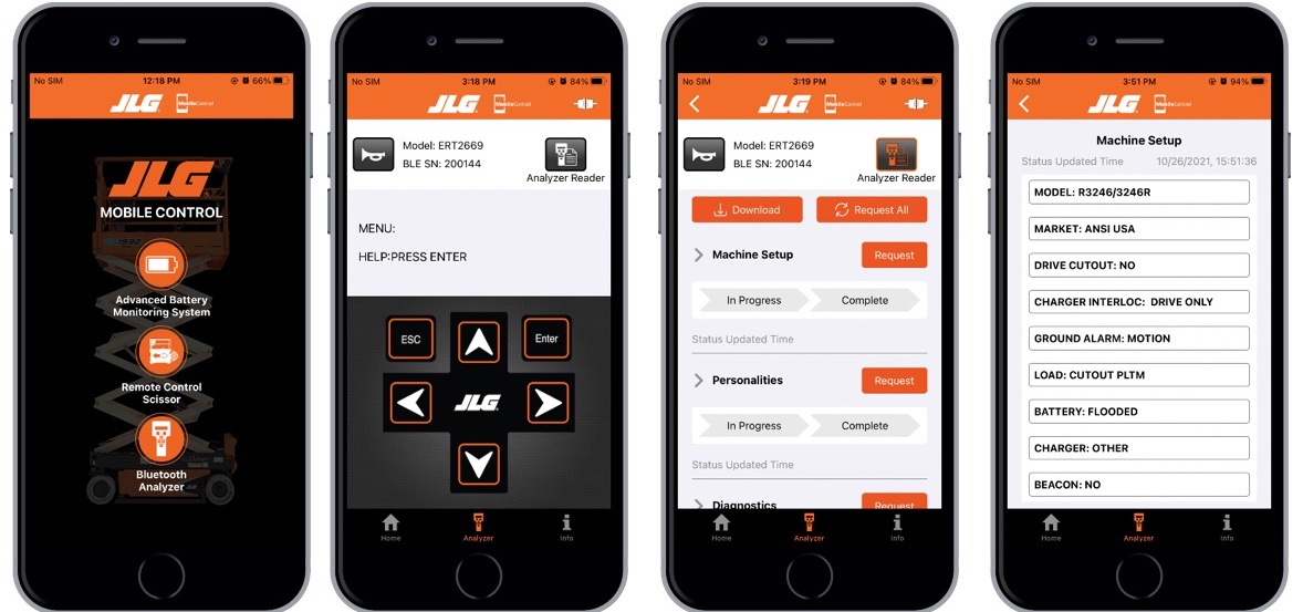 Screenshots of the Bluetooth-enabled JLG Mobile Control App