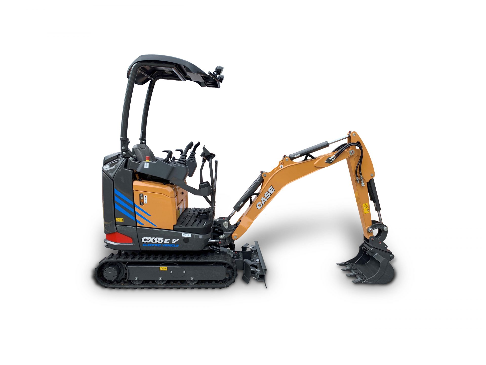 Product photo of CASE's upcoming CX15 EV battery electric mini excavator.