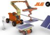 Computer-generated rendition of a robotic lift, created through the partnership of JLG and RE2 Robotics, assembling solar panels.